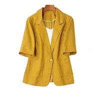 KIMCCI Blazer Damen,Eleganter Kurzarm-Blazer Baumwoll-Leinen-Bolero Leichte Sommerjacken Fallendes Revers Tasche Slim Fit Business Bürojacke Anzüge Strickjacke Für Mädchen Damen,Gelb,XL