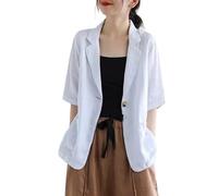 KIMCCI Blazer Damen,Lässige Kurzarm-Blazerjacke Baumwoll-Leinen-Bolero Leichte Sommerjacken Fallendes Revers Taschenlose Business-Bürojacke Anzüge Strickjacke Für Mädchen Damen,Weiß,L