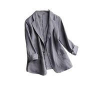 KIMCCI Blazer Für Damen,Baumwoll-Leinen-Blazer-Jacke Anzug Sommer 3/4-Ärmel Strickjacke Vorne Offen Kerbtasche Arbeit Business Casual Blazer Anzüge Jacke Für Damen Leichte Anzugjacke,Grau,L