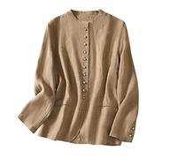 KIMCCI Blazer Für Damen,Baumwoll-Leinen-Blazer-Jacke Anzug Sommer Langarm Folk-Custom Cardigan Kragenlos Arbeit Casual Blazer Anzüge Jacke Für Damen Leichte Durchscheinende Anzugjacke,Khaki,L