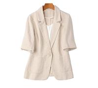 KIMCCI Blazer Für Damen,Elegante Kurzarm-Blazerjacke Baumwoll-Leinen-Bolero Leichte Sommerjacken Fallendes Revers Tasche Slim Fit Business-Bürojacke Anzüge Strickjacke Für Mädchen Damen,Apricot,XL