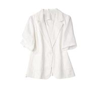 KIMCCI Blazer Für Damen,Elegante Kurzarm-Blazerjacke Baumwoll-Leinen-Bolero Leichte Sommerjacken Fallendes Revers Tasche Slim Fit Business-Bürojacke Anzüge Strickjacke Für Mädchen Damen,Weiß,Xs