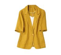 KIMCCI Blazer Für Damen,Eleganter Kurzarm-Blazer Baumwoll-Leinen-Bolero Leichte Sommerjacken Fallendes Revers Tasche Slim Fit Business Bürojacke Anzüge Strickjacke Für Mädchen Damen,Gelb,L