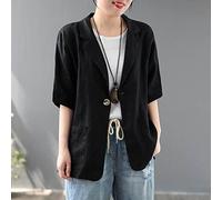 KIMCCI Blazer Für Damen,Lässige Kurzarm-Blazerjacke Baumwoll-Leinen-Bolero Leichte Sommerjacken Fallendes Revers Taschenlose Business-Bürojacke Anzüge Strickjacke Für Mädchen Damen,Schwarz,XL