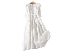 KIMCCI Boho Kleid Damen, Damen-Baumwoll-Leinen-Kleid, Sommer, Kurzarm, O-Ausschnitt, Knopfleiste, Rüschenkleid, Bindegürtel, Boho, Für Party, Bankett, Strandurlaub,Weiß,XXL