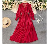 KIMCCI Boho Kleid Damen, Damen-Boho-Kleid, Elegantes Plissee-Midikleid, 3/4-Laternenärmel, Urlaubskleid, Separate Hosenträger, Kordelzug, Elastische Taille Für Büro, Freizeit, Sommer-Damenkleid, Rot