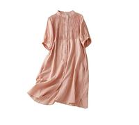 KIMCCI Boho Kleid Damen, Damen Lockeres Baumwoll-Leinenkleid Sommer Kurzarmkleid Brust Plissee Hemdkleid Knopfleiste Mit Tasche Boho Für Party Bankett Strandurlaub,Pink,M