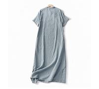 KIMCCI Damen Kleid, Damen Lockeres Baumwoll- Und Leinenkleid Sommer Kurzarmkleid Knopf Schräges Kleid Jacquard Spitze Tasche Boho Für Party Bankett Strandurlaub Cheongsam,Blau,XL