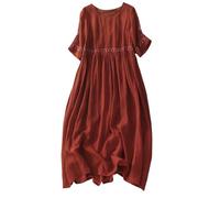 KIMCCI Sommerkleid Damen, Damen-Boho-Kleid, Elegant, Locker, Kurze Ärmel, O-Ausschnitt, A-Linie, Taille, Stickerei, Leinen, Strandkleid, Retro-Freizeitkleid, Midi-Kleid, Lässige Nachtwäsche, Rot, XXL