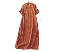 KIMCCI Sommerkleid Damen, Damen Lockeres Kleid Aus Baumwolle Und Leinen Sommer Kurzarm Kleid Knopf Schräg Kleid Jacquard Spitze Tasche Boho Für Party Bankett Strandurlaub Cheongsam,Orange,M