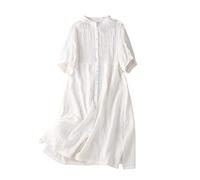 KIMCCI Sommerkleid Damen, Loses Damen-Baumwoll-Leinen-Kleid, Sommer, Kurzarm, Brust, Plissee, Hemdkleid, Knopfleiste, Mit Tasche, Boho, Für Party, Bankett, Strandurlaub,Weiß,M