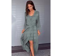 Kimono LASCANA, Damen, Gr. 32/34, blau (petrol), Single-Jersey, unifarben, Langform, Hausmäntel, mit edlen Spitzendetails (22556115-32) petrol