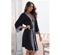 Kimono LASCANA, Damen, Gr. 40/42, schwarz-weiß (schwarz, weiß gepunktet), Single-Jersey, gestreift, Kurzform, Hausmäntel, mit gemusterter Kontrastblende (90909837-40) schwarz, weiß gepunktet