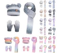 Kinder 3 in 1 Winter Pompom Mütze Loop Schal Touchscreen Handschuhe Set für 4-10 Jahre,Thermal Liner Gradient Beanie Hut Schlauchschal Fäustlinge,Strickmütze Mädchen Jungen Outdoor Aktivitäten