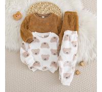 Kinder Baby Jungen 4 Stücke: Dekoratives gewebtes Etikett Strick weiches Cartoon Bär Plüsch Rundhals Langarm Pullover Top und elastische Taille lange