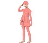 Kinder Baby Mädchen Muslimischen Badeanzug Islamischen Ganzkörper Full Cover Langarm Top Hose Burkini Set Schwimmanzug 3-teilig Einfarbig Bademode Rock mit Mütze Teenager (Watermelon Red, 10-11 Years)