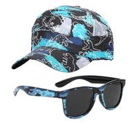 Kinder Baseball Cap Jungen Set mit Sonnenbrille - Dinosaurier Motiv - 2-teiliges Sommer Accessoire - Größe 54 cm - Atmungsaktiv und Verstellbar - Blau