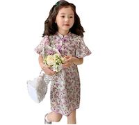Kinder-Cheongsam/Puffärmel-Stehkragen-Chiffon-Komfort/Sommer-Chinesischer Stil, Niedlich, Verspielt, Modisch, Traditionelles Cheongsam, Blumenmädchen-Prinzessinnenkleid, Kleines Kleid, Lila, 130 Cm