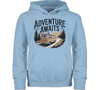 Kinder Hoodie Jungen Mädchen - Adventure Awaits Camping Van Geschenkideen Camper Bus I Van Life Campinggeschenk Outdoorfans - 140 (9/11 Jahre) - Hellblau - campingfans Campervan Camp campingbus