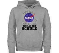 Kinder Hoodie Jungen Mädchen - Einschulung - Vor der Nasa muss ich erst einmal zur Schule schwarz - 128 (7/8 Jahre) - Grau meliert - schulanfänger weltraum pullover 1 schultag weltall schulanfang