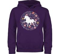 Kinder Hoodie Jungen Mädchen - Pferde - Pferd mit Blumen - 128 (7/8 Jahre) - Lila - pferdepullies pferdepullover reiten horses pullover reitbekleidung reithoodies pferdeliebhaber tiermotiv pulli