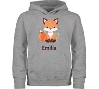 Kinder Hoodie Jungen Mädchen - Süßer Fuchs Geschenk mit Name personalisiert I Wildtiere I Raubtier I Fox - 104 (3/4 Jahre) - Grau meliert - +mit+Fuchs fuchsmotiv Pullover Personalisieren und