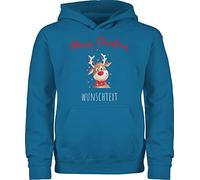 Kinder Hoodie Jungen Mädchen - Weihnachten Geschenke - Merry Christmas Rentier mit Sternen - 140 (9/11 Jahre) - Himmelblau - weihnachtshoodie Weihnachts Pullover Weihnachtspullover weihnacht