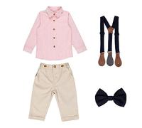 Kinder Jungen Gestreifter Overall Kurzarmhemd Hosenträger Formeller Hochzeitsanzug mit Fliege Fotoshooting Weihnachten Gentleman-Taufkleidung Anzug Shirt & Hosen Outfits PinkTWL4