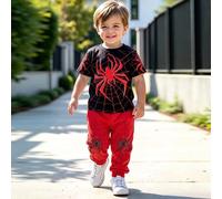 Kinder Jungen Lässig Minimalistisch Klassisch Spinnenmuster Cartoon Sportlicher Stil Streetwear Rundhals Kurzarm T-Shirt Und Lange Hose 2-teiliges Set