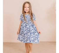 Kinder Kleid GOTS-zertifiziert aus Bio-Baumwolle, Blue Birds and Flowers, kurzarm, leicht & sommerlich - Walkiddy Blau 92