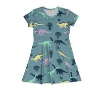 Kinder Kleid GOTS zertifiziert - Blaugrün mit Dinosauriermotiv, Kurzarm, weich & bequem | von Walkiddy Blau 140
