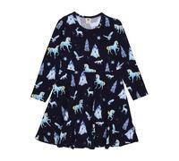 Kinder Langarmkleid Bio-Baumwolle GOTS "Fantastic Wonderland" dunkelblau - veganes, fair produziertes Walkiddy Kleid mit verspieltem Alloverprint für Alltag, Kita und Feste Dunkel Blau 140
