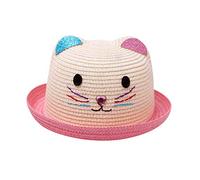 Kinder Mädchen Faltbarer Strohhut Sonnenhut Breite Krempe Sommerhut für Mädchen Kinder Atmungsaktiver Strand mit Cartoon Katze Dekoration für den Urlaub Reise Outdoor-Aktivitäten (Pink, One Size)