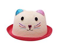 Kinder Mädchen Faltbarer Strohhut Sonnenhut Breite Krempe Sommerhut für Mädchen Kinder Atmungsaktiver Strand mit Cartoon Katze Dekoration für den Urlaub Reise (Watermelon red, One Size)