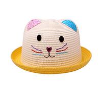 Kinder Mädchen Faltbarer Strohhut Sonnenhut Breite Krempe Sommerhut für Mädchen Kinder Atmungsaktiver Strand mit Cartoon Katze Dekoration für den Urlaub Reise Outdoor-Aktivitäten (Yellow, One Size)