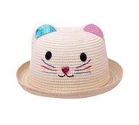 Kinder Mädchen Faltbarer Strohhut Sonnenhut Breite Krempe Sommerhut für Mädchen Kinder Atmungsaktiver Strand mit Cartoon Katze Dekoration für den Urlaub Reise Outdoor-Aktivitäten (Beige, One Size)