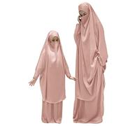 Kinder Mädchen Muslimische Abaya Langarm islamischer Kaftan Maxi Gebetskleid Mutter Tochter Passende Kleider Eid Dubai Zweiteiliges Jilbab bescheidenes Kleid Langer Khimar Rock volle Länge Rosa
