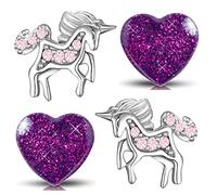 Kinder Mädchen Ohrringe aus echt 925 Sterling Silber mit Zirkonia Set Edelstahl Ohrstecker Einhorn Pferde Herz