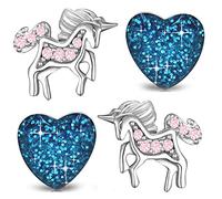 Kinder Mädchen Ohrringe aus echt 925 Sterling Silber mit Zirkonia Set Edelstahl Ohrstecker Einhorn Pferde Herz
