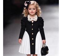 Kinder Mädchen Schwarz & Mädchen Weiß Herbst Elegantes Party-Formal-Kleid, süße Ärmel - Knopfleiste Plissee Saum modische weiche Outfits, Trenchcoat
