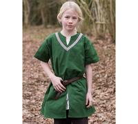 Kinder Mittelalter-Tunika Ailrik mit Bordüre, kurzarm, grün - Wikinger Hemd Jungen und Mädchen Größe: 128