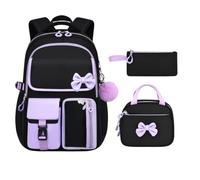 Kinder-Rucksack für Mädchen, Lunchbox, Schleife, wasserdicht, mit | Mädchen Rucksack mit Lunchbox Etui Federmäppchen Schleife Pom Pom Dekor 45cm Schule Karierte Akzente Schulanfang