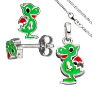 Kinder Schmuck-Set Kleiner Drache 925 Silber grün lackiert mit Kette 38 cm