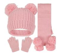 Kinder Strickmütze + Loop Schal + Handschuhe Set, Baumwollmütze Junge Mädchen Weich Kinder Beanie Mütze Nackenwärmer Halsbänder Halstuch Handschuh für Herbst Winter (X-70-Rosa, 5-12 Jahre)