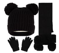 Kinder Strickmütze + Loop Schal + Handschuhe Set, Baumwollmütze Junge Mädchen Weich Kinder Beanie Mütze Nackenwärmer Halsbänder Halstuch Handschuh für Herbst Winter (X-70-Schwarz, 5-12 Jahre)