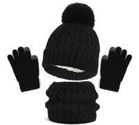 Kinder Strickmütze + Loop Schal + Handschuhe Set, Baumwollmütze Junge Mädchen Weich Kinder Beanie Mütze Nackenwärmer Halsbänder Halstuch Handschuh für Herbst Winter (X-01-Schwarz, 1-6 Jahre)
