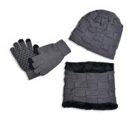 Kinder Strickmütze + Loop Schal + Handschuhe Set, Baumwollmütze Junge Mädchen Weich Kinder Beanie Mütze Nackenwärmer Halsbänder Halstuch Handschuh für Herbst Winter (X-40-Grau, 1-8 Jahre)
