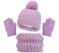 Kinder Strickmütze + Loop Schal + Handschuhe Set, Baumwollmütze Junge Mädchen Weich Kinder Beanie Mütze Nackenwärmer Halsbänder Halstuch Handschuh für Herbst Winter (X-00-Lila, 1-6 Jahre)