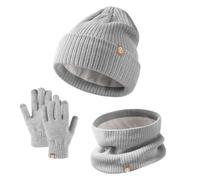 Kinder Strickmütze + Loop Schal + Handschuhe Set, Baumwollmütze Junge Mädchen Weich Kinder Beanie Mütze Nackenwärmer Halsbänder Halstuch Handschuh für Herbst Winter (Grey, Einheitsgröße)