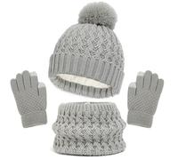 Kinder Strickmütze + Loop Schal + Handschuhe Set, Baumwollmütze Junge Mädchen Weich Kinder Beanie Mütze Nackenwärmer Halsbänder Halstuch Handschuh für Herbst Winter (X-01-Grau, 1-6 Jahre)